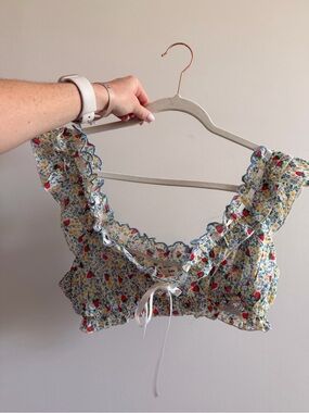 For Love & Lemons White Floral Ruffle Crop Top with Blue Trim